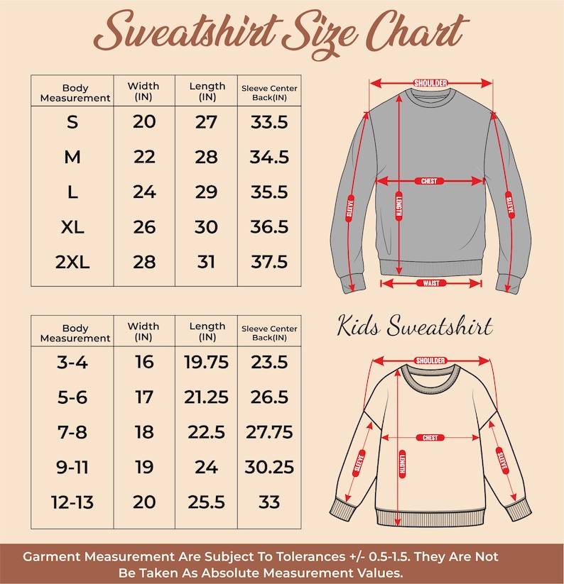 May include: A sweatshirt size chart featuring two tables with width, length, and sleeve center back measurements in inches for adult sizes S to 2XL and kids sizes 3-4 to 12-13, accompanied by two line drawings of sweatshirts with red arrows.