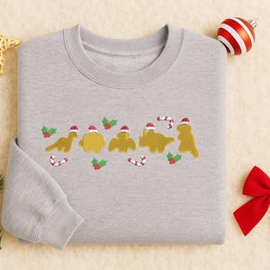 Embroidered Dino Nugget Sweatshirt, Dinosaur Nugget Christmas Sweater, Xmas Holiday Dino Crewneck Jumper, Winter Sweatshirt, Christmas Gifts