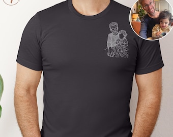 Personalised Dad Portrait Photo TShirt, Custom Outline Sketch from Photo Shirt, Matching Family Printed Tops, Father's Day Gift for New Dad