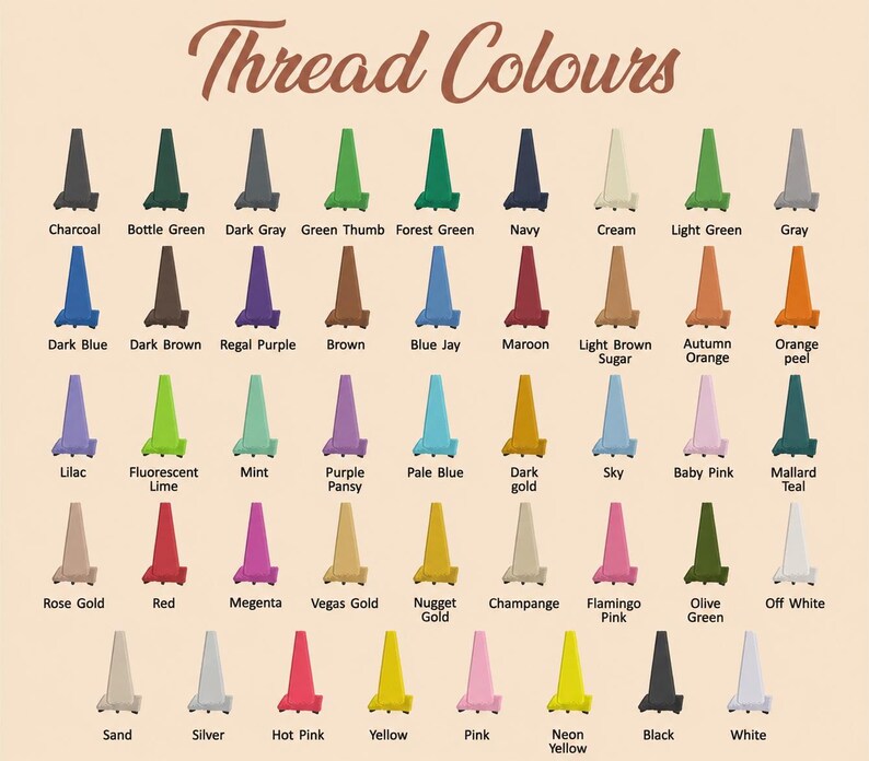 May include: A color chart titled Thread Colours displaying forty-five individual thread spools in various shades including charcoal, green, blue, brown, purple, orange, pink, gold, yellow, black, and white, each labeled with its specific color name.