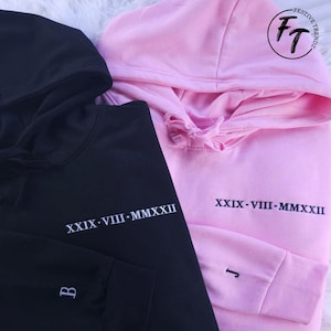 Roman Numeral Embroidered Matching Hoodie, Custom Initials with Heart Sleeve Hoodie, Anniversary Date Couple Matching Hoodie, Gift for Him