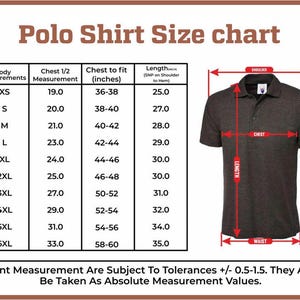 May include: A size chart for polo shirts with measurements in inches for chest, length, and waist. The chart shows sizes from XS to 6XL.