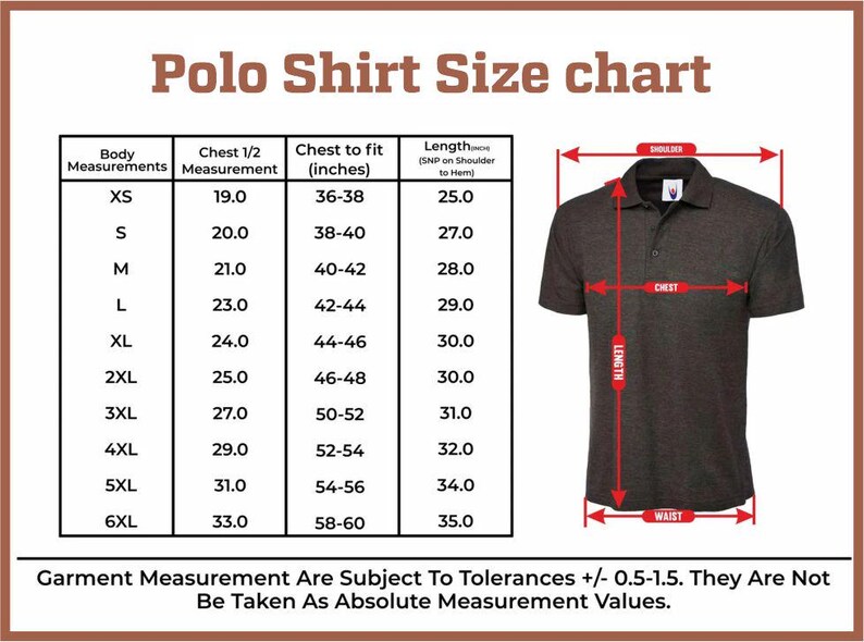 May include: A size chart for polo shirts with measurements in inches for chest, length, and waist. The chart shows sizes from XS to 6XL.