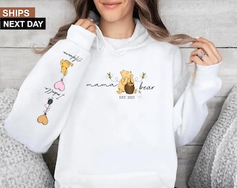 Personalised Mama Bear Hoodie, Custom Mum Hoodie with Kids Names on Sleeve, Mothers Day Mama Bear Printed Jumper, Pregnancy Gift for New Mom