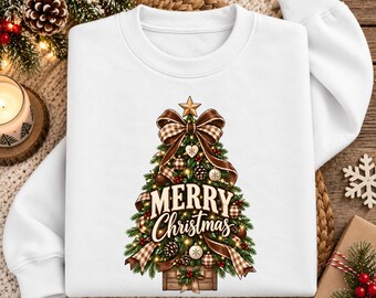 Merry Christmas Tree Sweatshirt, Brown Plaid Bow Xmas Crewneck, Vintage Christmas Sweater, Cozy Festive Holiday Jumper, Xmas Gift for Her