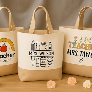 Personalised Teacher Canvas Tote Bag, Custom Teacher Name Printed Tote Bag, School Teacher Tote Bag, Back to School Gift, Best Teacher Gifts