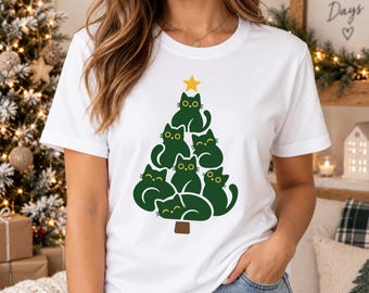 Cat Christmas Tree T-Shirt, Funny Meowy Christmas Shirt, Funny Cat Xmas Tee, Festive Holiday Animal Shirt, Christmas Gift, Cat Lover Gifts