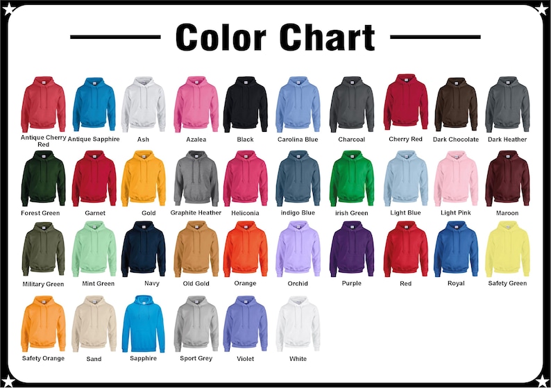 Pode incluir: Carta de cores que mostra 25 cores diferentes de hoodies. As cores est&atilde;o dispostas em linhas e colunas. As cores incluem vermelho cereja antigo, safira antigo, cinza, azal&eacute;ia, preto, azul Carolina, carv&atilde;o, vermelho cereja, chocolate escuro, cinza escuro, verde floresta, granada, ouro, cinza mesclado, heliconia, azul &iacute;ndigo, verde irland&ecirc;s, azul claro, rosa claro, marrom, verde militar, verde menta, azul marinho, ouro velho, laranja, orqu&iacute;dea, roxo, vermelho, azul royal, verde seguran&ccedil;a, laranja seguran&ccedil;a, areia, safira, cinza esportivo, violeta e branco.