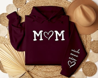 Personalised Mom Hoodie, Custom Mom Hoodie with Kids Names on Sleeve, Mother's Day Printed Jumper, Mother's Day Gift for Mom, New Mom Gift