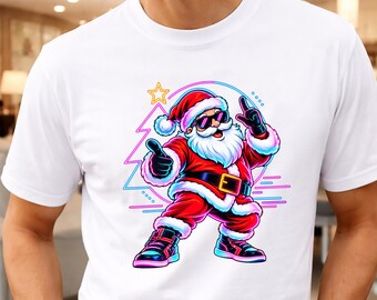 Cool Santa Claus Christmas Shirt, Dancing Santa Sunglasses T-Shirt, Neon Retro Xmas Graphic Tee, Hip Hop Santa Tee, Funny Xmas Holiday Gift