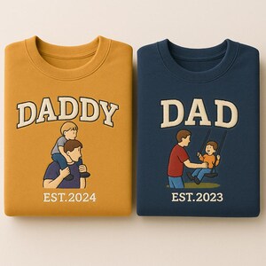 Custom Embroidered Dad Photo Sweatshirt, Personalised Daddy and Me Sketch Sweater, Daddy Family Matching Jumper, Father&#39;s Day Gift for Dad