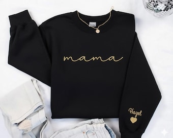 Personalised Mama Embroidered Sweatshirt, Custom Kids Names on Sleeve Jumper, Minimalist Cool Mom Sweater, Mother's Day Gift, New Mom Gifts