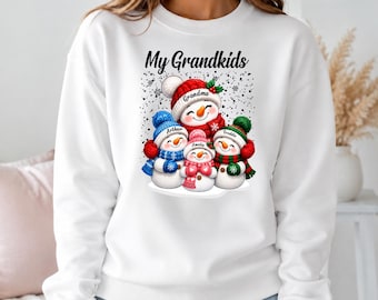 Personalized My Grandkids Snowman Sweatshirt, Custom Grandma with Names Crewneck, Festive Holiday Jumpers, Cozy Christmas Gifts for Family