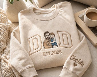 Custom Dad Portrait from Photo Sweatshirt, Embroidered Dad/Kids Photo Filling Sketch Sweater, Personalised Est Date Jumper, Fathers Day Gift