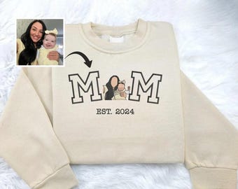 Sudadera personalizada con retrato de mamá a partir de foto, suéter bordado con boceto para rellenar con foto de mamá/niños, jersey personalizado con fecha de nacimiento, regalo para mamá