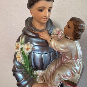Tall Saint Anthony Statue – 27&quot; Vintage Gesso Chalkware | Hand-Painted Pearlized Finish | Artisan Pottery