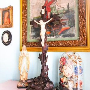 Tall Standing Cross, Black Forest, 1800s, Hand Carved, Chalkware Jesus Body Crucifix. France