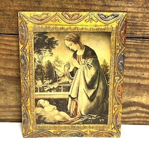 Vintage Florentine Italian Wall Plaque of Madonna and Child - Gold Gilt Trim