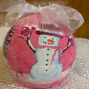 Snowman, Mountain Scene Christmas Ornament, Candy canes, and log cabins