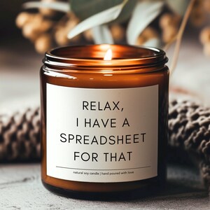 May include: A brown glass candle with a white label that reads "RELAX, I HAVE A SPREADSHEET FOR THAT" and "natural soy candle | hand poured with love".