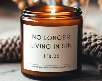 No Longer Living In Sin soy candle, Custom Wedding Gift, Funny Anniversary Gift, Personalized Wedding Gift For Husband, Wedding Date Candle