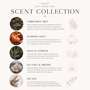 May include: A product display with the text "OUR SIGNATURE SCENT COLLECTION." The image showcases five scent descriptions: Christmas Tree, Pumpkin Spice, Sage & Cypress, Sea Salt & Orchid, and Spa Day. Each description includes a brief scent profile.