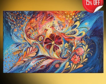 Original colorful mixed technique Jewish art acrylic painting bright colors wall hanging figurative canvas with peacocks couple