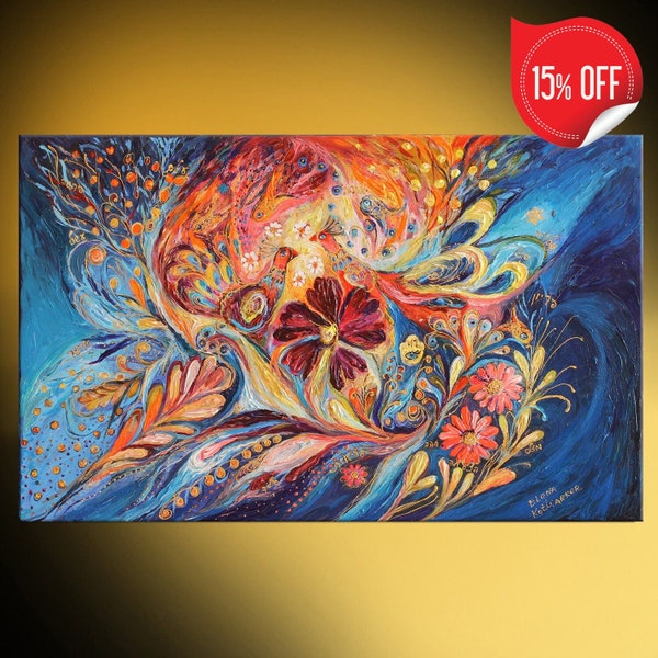 Original colorful mixed technique Jewish art acrylic painting bright colors wall hanging figurative canvas with peacocks couple