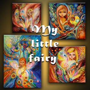 May include: Four colorful paintings of fairies with wings, flowers, and swirling patterns. The paintings are titled "My little fairy".