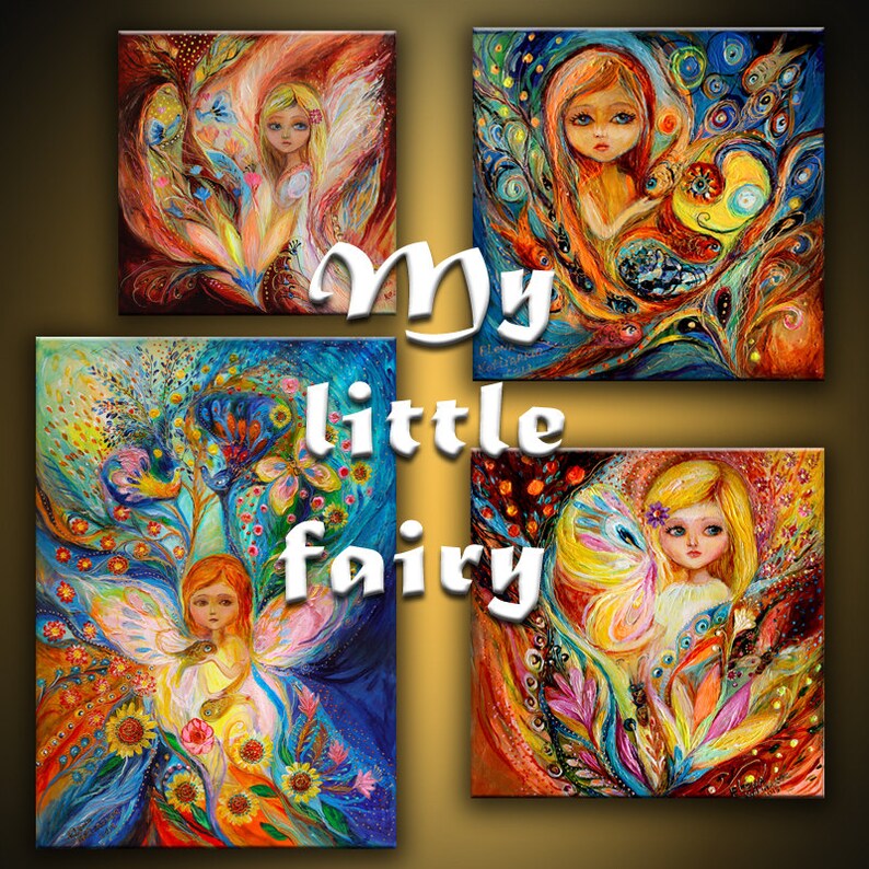 May include: Four colorful paintings of fairies with wings, flowers, and swirling patterns. The paintings are titled "My little fairy".
