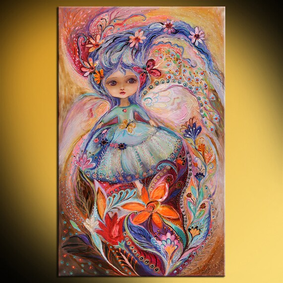 Original fantasy fairy art canvas print of "My Little Fairy" series. Butterflies flowers big eyed girl for girls room decor Israel