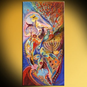 Jewish art original spiritual colorful painting with Kabbalah symbols, Menorah, Hebrew words and traditional Jewish attributes Art of Israel