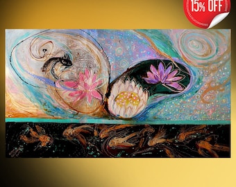 Original Orientalisches Abstraktes Gemälde auf Leinwand Feng Shui Serie. Lotus Blumen auf hellem Hintergrund dicke Farbe riesige Wandbehang