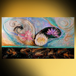 Original Oriental Abstract Painting on canvas Feng Shui series. Lotus flowers on bright background thick paint huge wall hanging