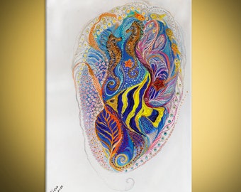 "Original Wandbild Meer Leben figurative Leinwand Gemälde ""Mare Nostrum"" Serie Weißer Hintergrund Seesterne exotische Fische Wohnzimmer Dekor."