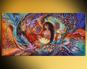 Original huge wall art interior design giclee canvas print "Song of Songs" blue red orange color wall decor Jewish heritage Israeli art
