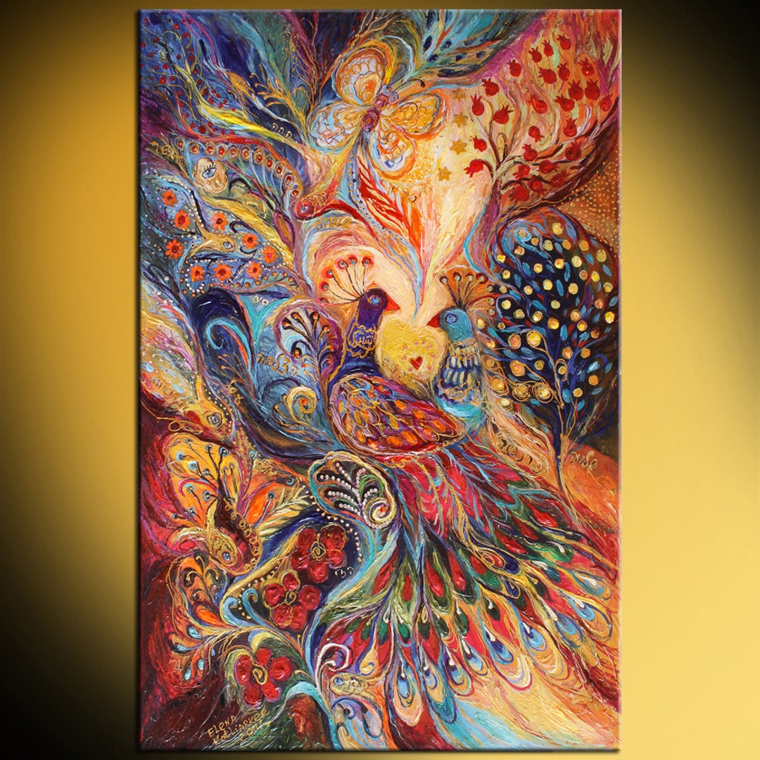 Large Colorful Mixed Media Art Fairytale Painting With Birds, Trees ...