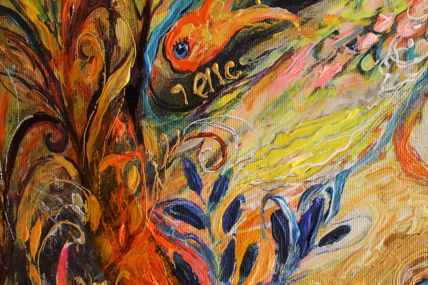 マルク・シャガール風のカラフルなミックスメディアのオリジナル鮮やか