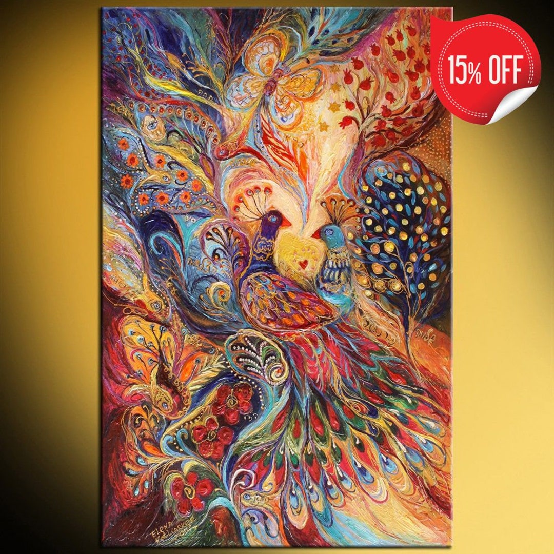 Picture of Large Colorful Mixed Media Art Fairytale Painting With Birds, Trees ...