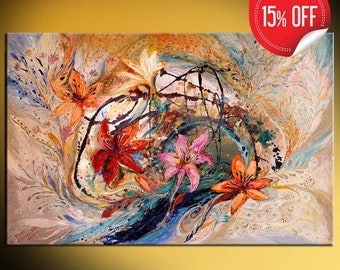 Großes buntes abstraktes Ölgemälde zeigt Kolibri und riesige exotische orange und rosa Blumen auf mokkafarbenem Hintergrund