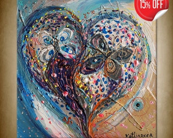 Huge colorful mixed media abstract art painting on canvas with heart shaped blossoming tree and butterflies wall hanging for home and office