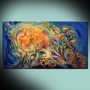 Cuadro decorativo de la galería "Cielo de la Ciudad Eterna", basado en una pintura de arte judío con símbolos de la Cábala de un artista israelí. Ideal para colgar en la pared.