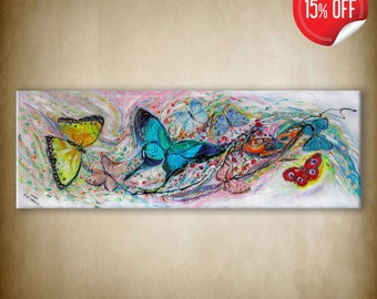 Original Figurative Canvas Painting with colorful bright butterflies of orange, red, and blue colors. Gentle light background thin strokes