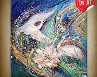 Colorful painting of spiritual art. Bold colors figurative wall art canvas shows wild life. Ready to hang. White herons wall art