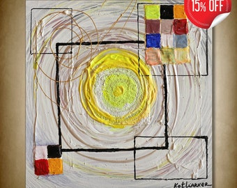 Original ready to hang deep textured wall art canvas abstract figurative painting shows the yellow and gold circles on white background