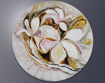 Ready to hang original wall art figurative canvas round canvas painting.  Big gold white and pink flowers on the light background