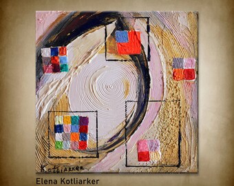すぐに掛けられるオリジナルの抽象的具象絵画。銅の背景に明るい小さな