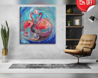 Large colorful mixed media art painting of dancing flamingos on blue background. Nature life wall canvas art hanging from Israeli artist