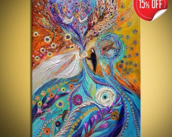 Modern symbolism spiritual colorful figurative fine art acrylic painting shows the Jewish Wedding ceremony. Large wall art from Israel