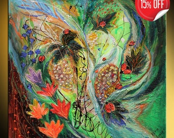 Colorful Figurative Abstract Painting of bright butterflies and flowers of orange red and blue colors. Thin strokes on bold green background
